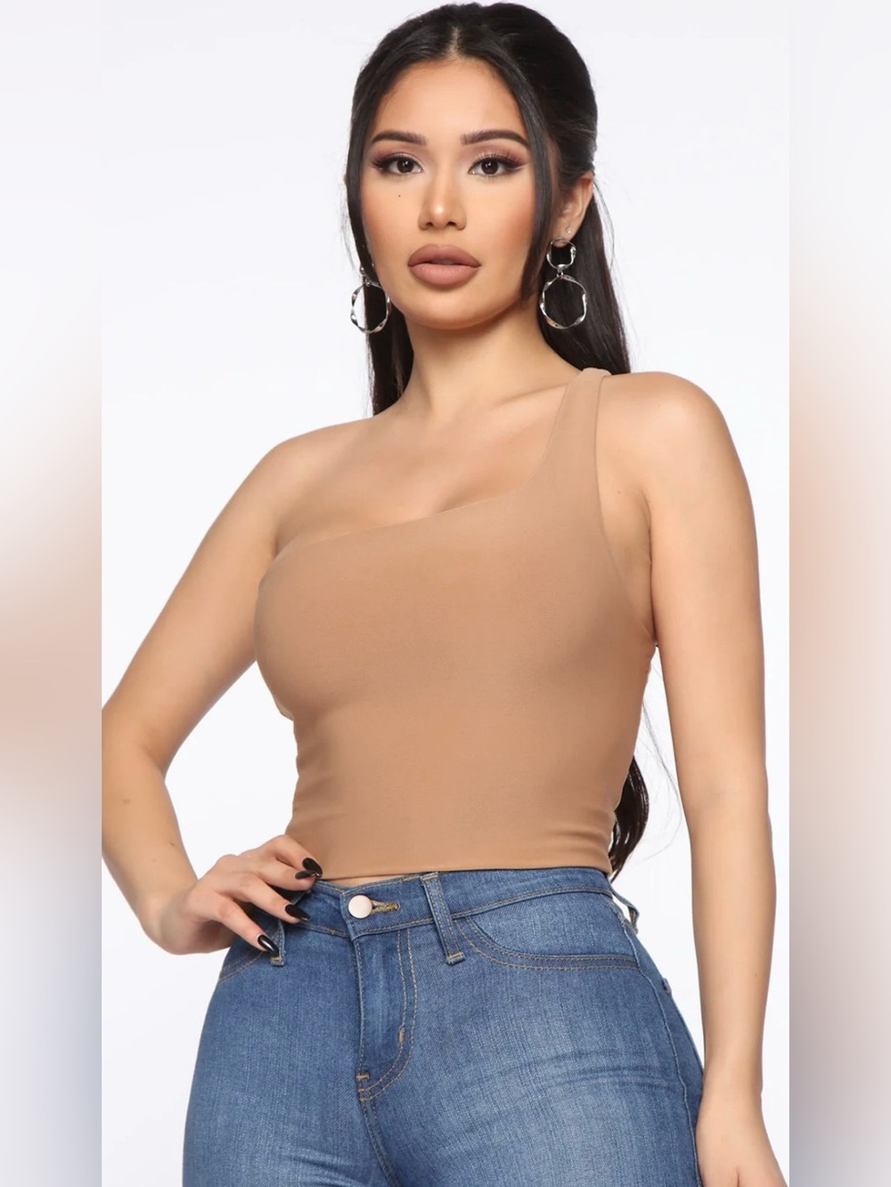 Women’s Fashion Nova Asymmetric One Shoulder Tan Brown Crop Top, Medium Like New
